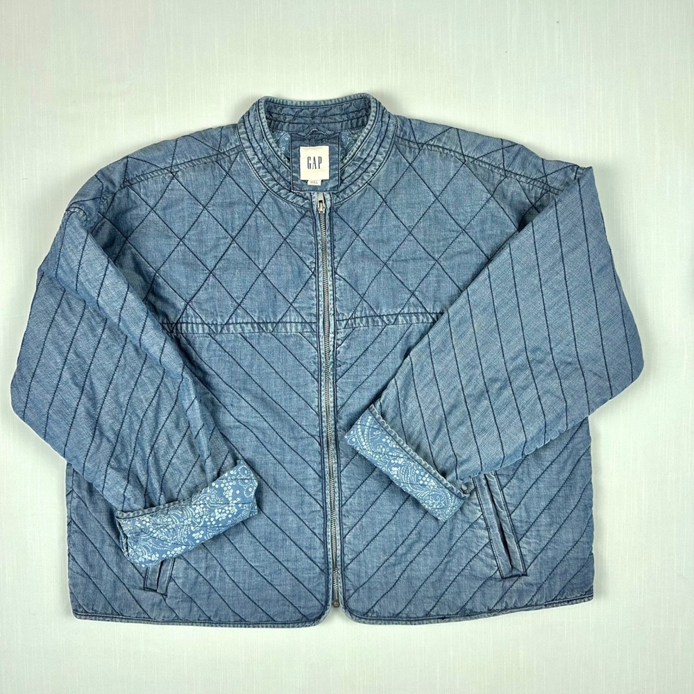Gap Women Light Wash Blue Quilted Denim Zip Bomber Jacket Paisley Lining XL
